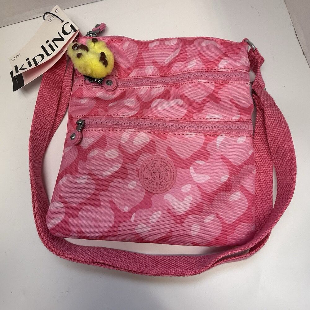 Kipling Keiko Pink Adorable Hearts W/Yellow Monkey Adjustable Crossbody Bag New